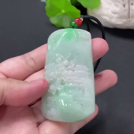 F34977295 Jadeite Pendant Landscape Plaque Total Weight Approx. 65.55g Including Rope, Beads Not Grade A