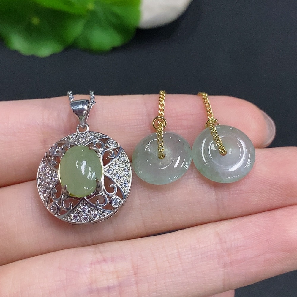 F35123842 Jadeite Cabochon Pendant + Peace Buckle Ear Threads Sell as a Lot Non-Gold Setting