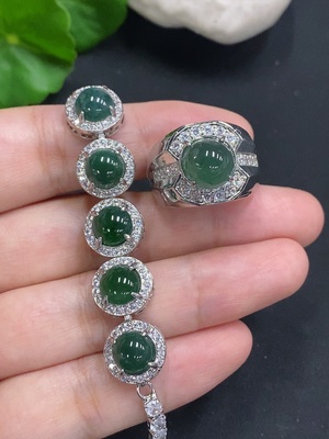 F30569566 Jadeite Cabochon Inlaid Bracelet and Ring Sell as a Lot Adjustable Size Non-Gold Inlaid