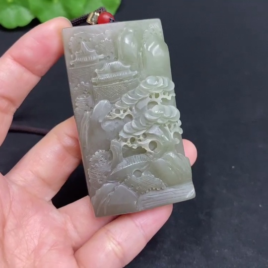 H31667452 Hetian Jade Pendant, Landscape Plaque, Total Weight (Including Rope) Approx. 66.9g