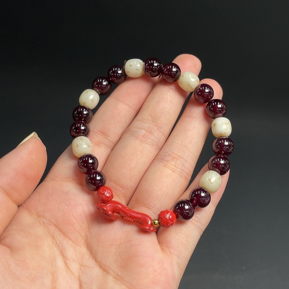 C22446302 Garnet Bracelet approx. 8.4mm total weight approx. 27.18g with Hetian Jade