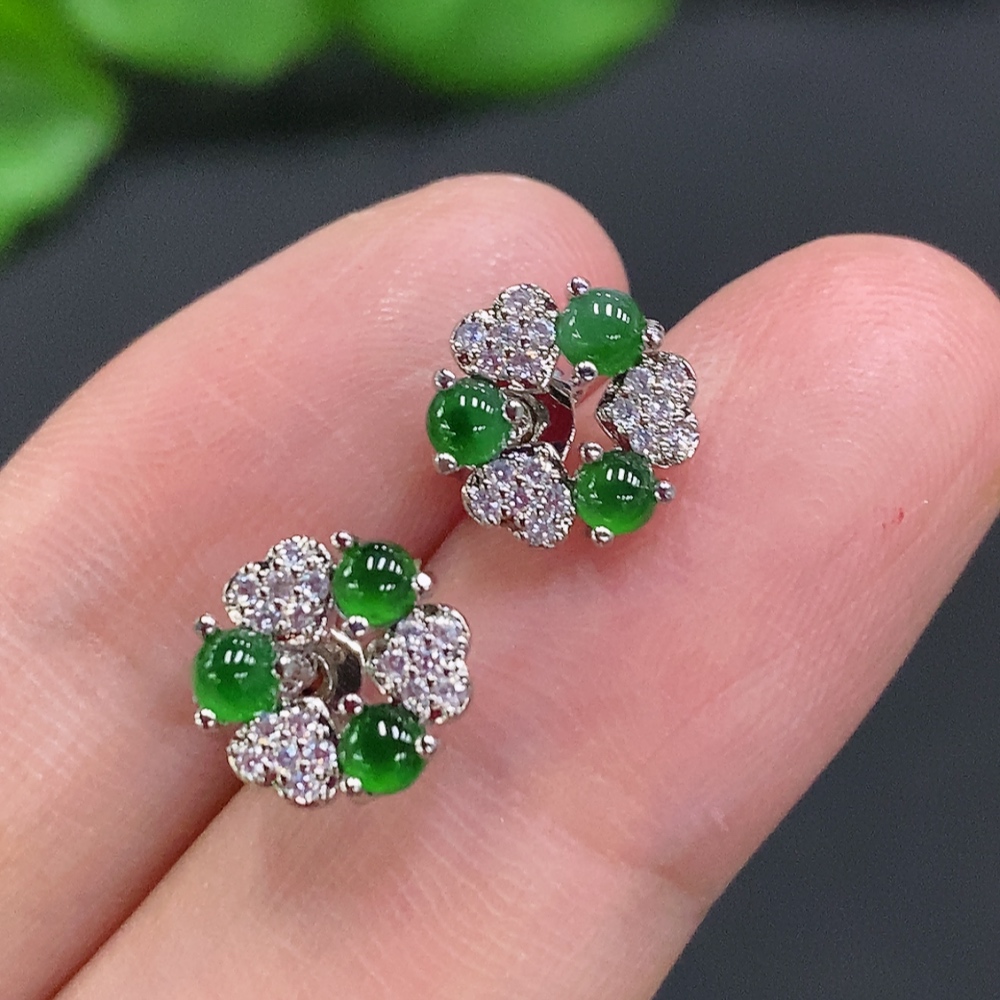F34962303 Jadeite Cabochon Stud Earrings Non-Gold Setting Total Weight Approx.1.4g