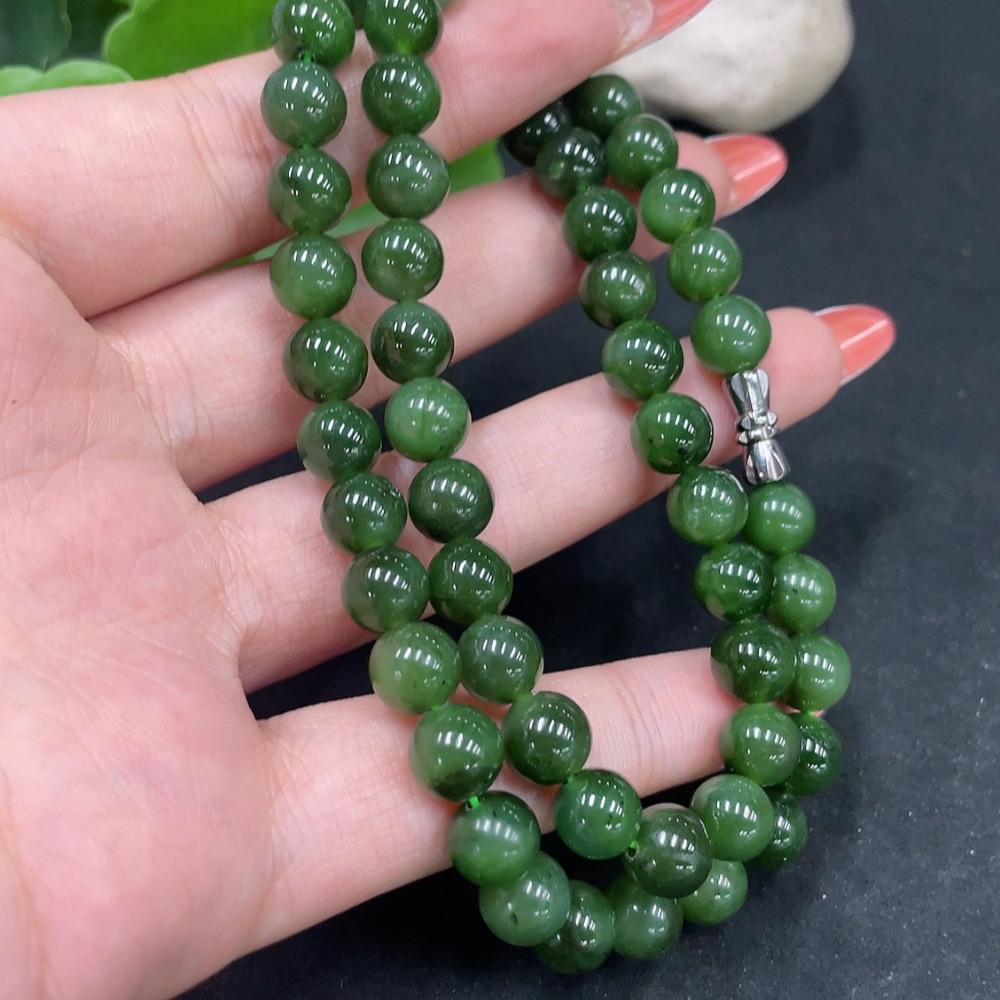 H34062393 Hetian Jade Jasper Bead Necklace Approx. 8mm Non-Gold Total Weight About 43.9g