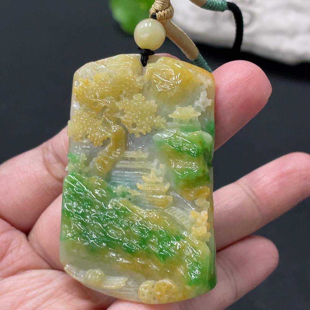 F33936206 Jadeite landscape pendant, total weight approximately 28.19g, color origin undetermined