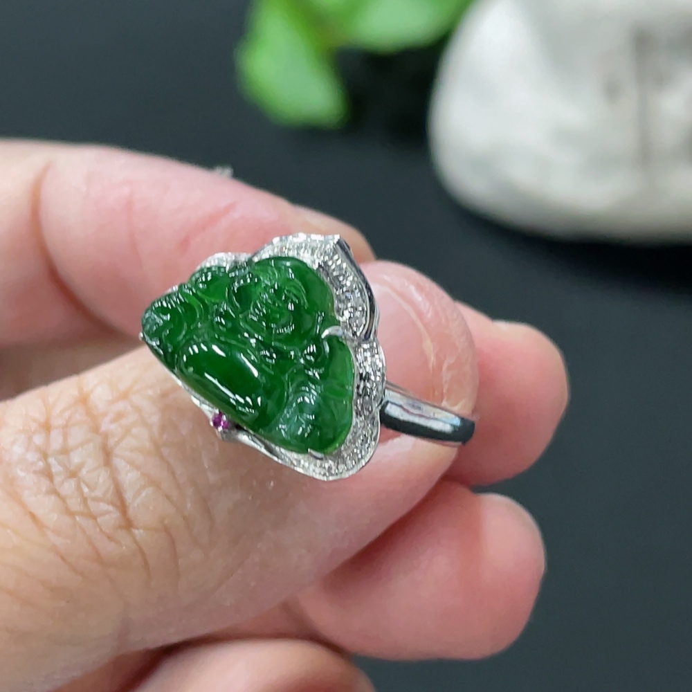 F35145613 Jadeite Buddha Inlaid Ring 18k Gold Setting Size 13 Total Weight Approx. 2.3g With Diamond (Colorless) Inlay