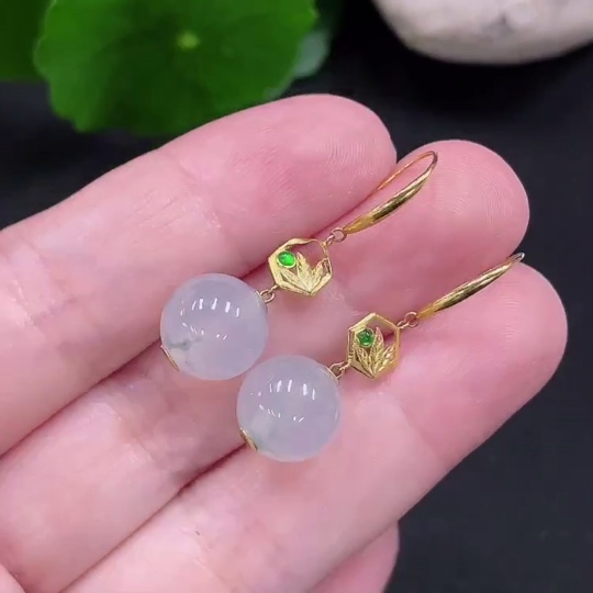 F29361179 Jadeite Inlaid Earrings, Pair, Approx. 9.8mm, 18K Gold, Total Weight Approx. 3.7g