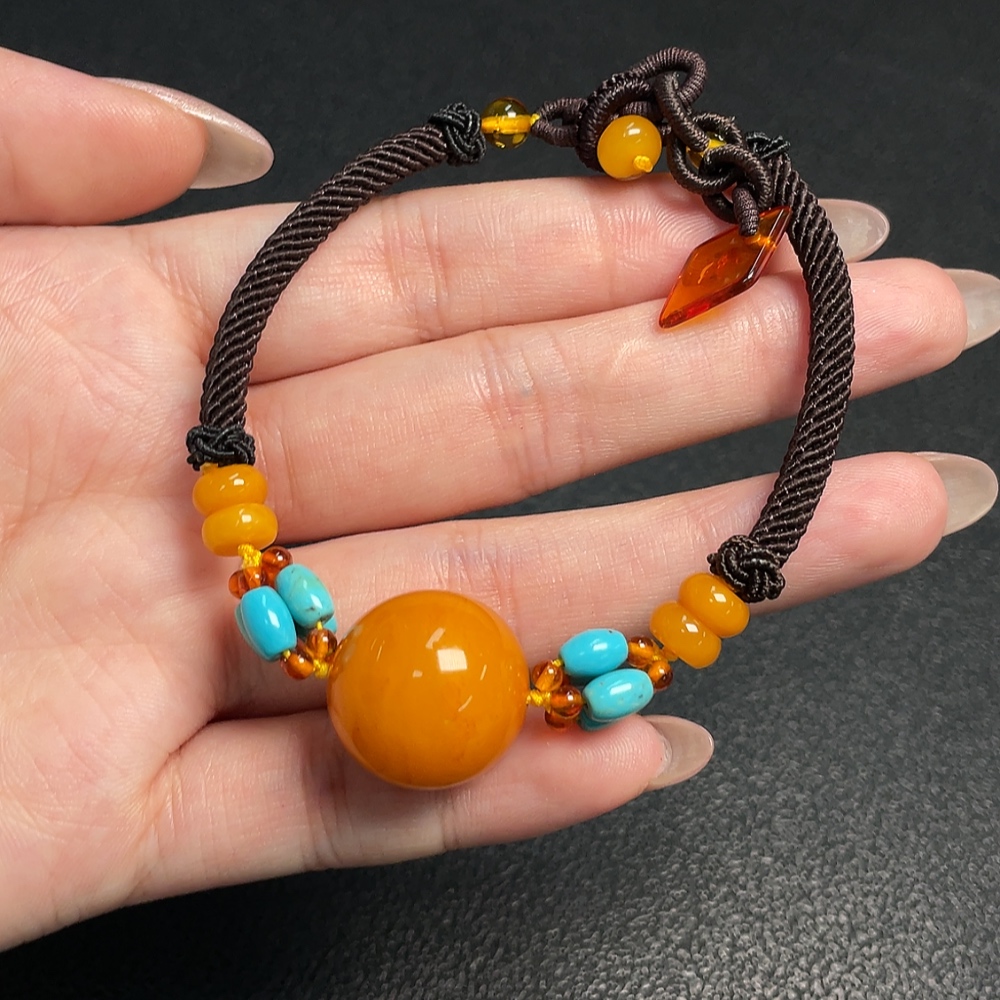 C34953203 Amber Beeswax Bracelet with Non-Natural Stones, Total Weight Approx. 6.89g, Size Approx. 17.8mm
