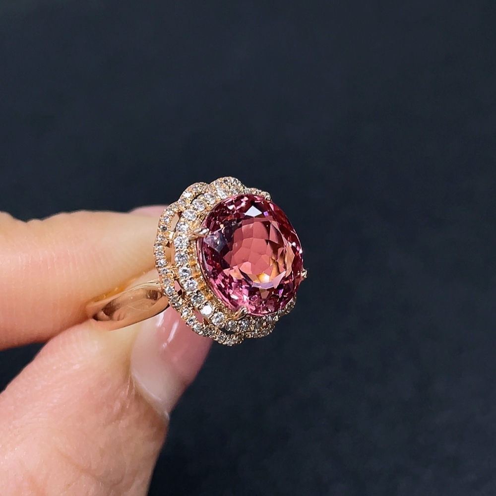 C32720444 18K Tourmaline Ring with Diamond Side Stones, Total Weight Approx. 3.78g, Size 13