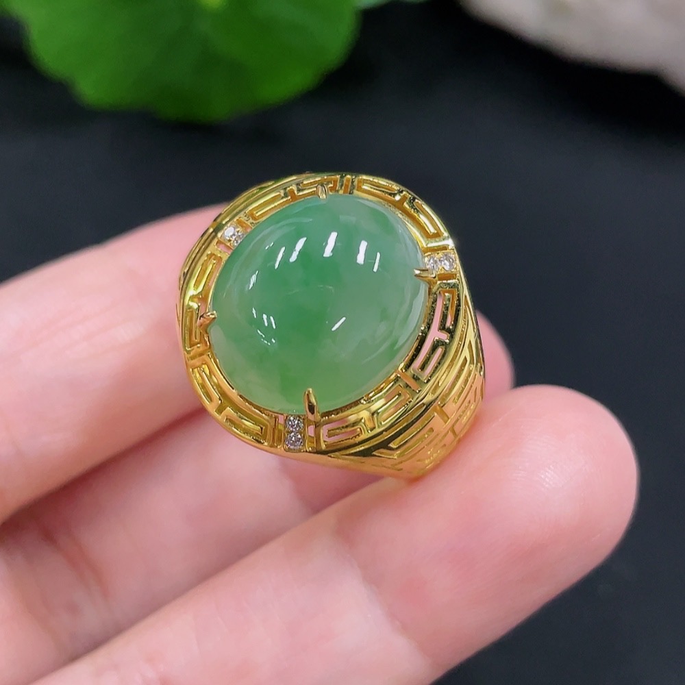 F31592767 Jadeite Cabochon Inlaid Ring 18K Gold Size 22 Total Weight Approx. 7.39g