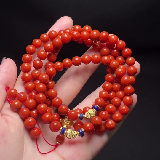 C34988370 South Red Agate Bead Necklace, Organic Inclusions Visible, Mounting Stones May Not Be Natural, Non-Metal, Total Weight Approx. 59.5g, Bead Size ~7.2mm