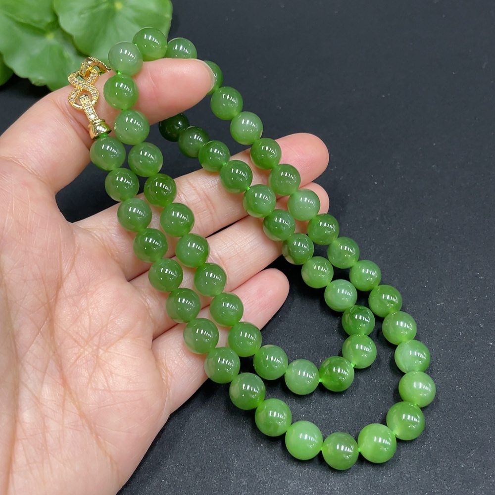 H35102452 Hetian Jade Bead Necklace, approx. 7.8mm, non-gold inlaid, total weight approx. 44.1g