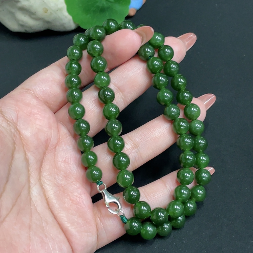 H35100280 Hetian Jade Jasper Bead Necklace, Approx. 8mm, Non-Gold Inlaid, Total Weight Approx. 45.9g