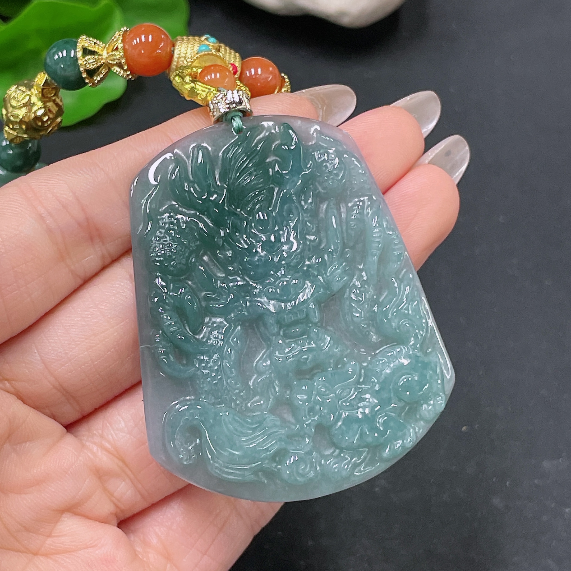 F35105382 Jadeite Pendant Dragon Plaque Non-Gold Beads Non-Grade A With Cord Total Weight Approx. 55.31g