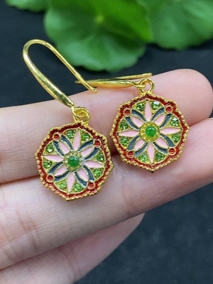 F35089824 Jadeite inlaid earrings, a pair, total weight about 3.9g (non-gold inlaid)