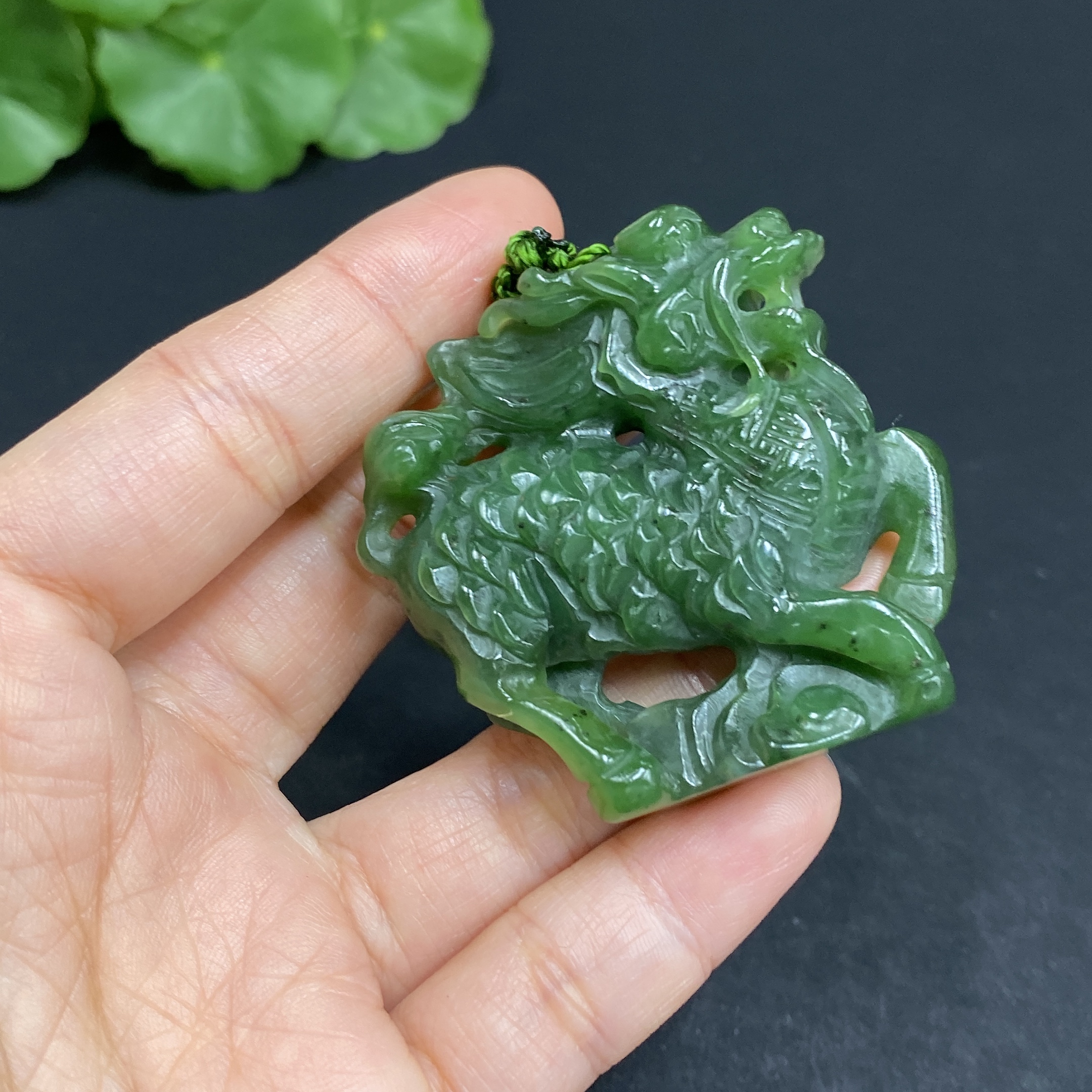 H32704470 Hetian Jade Pendant, Kylin, Total Weight (including chain): 75.9g
