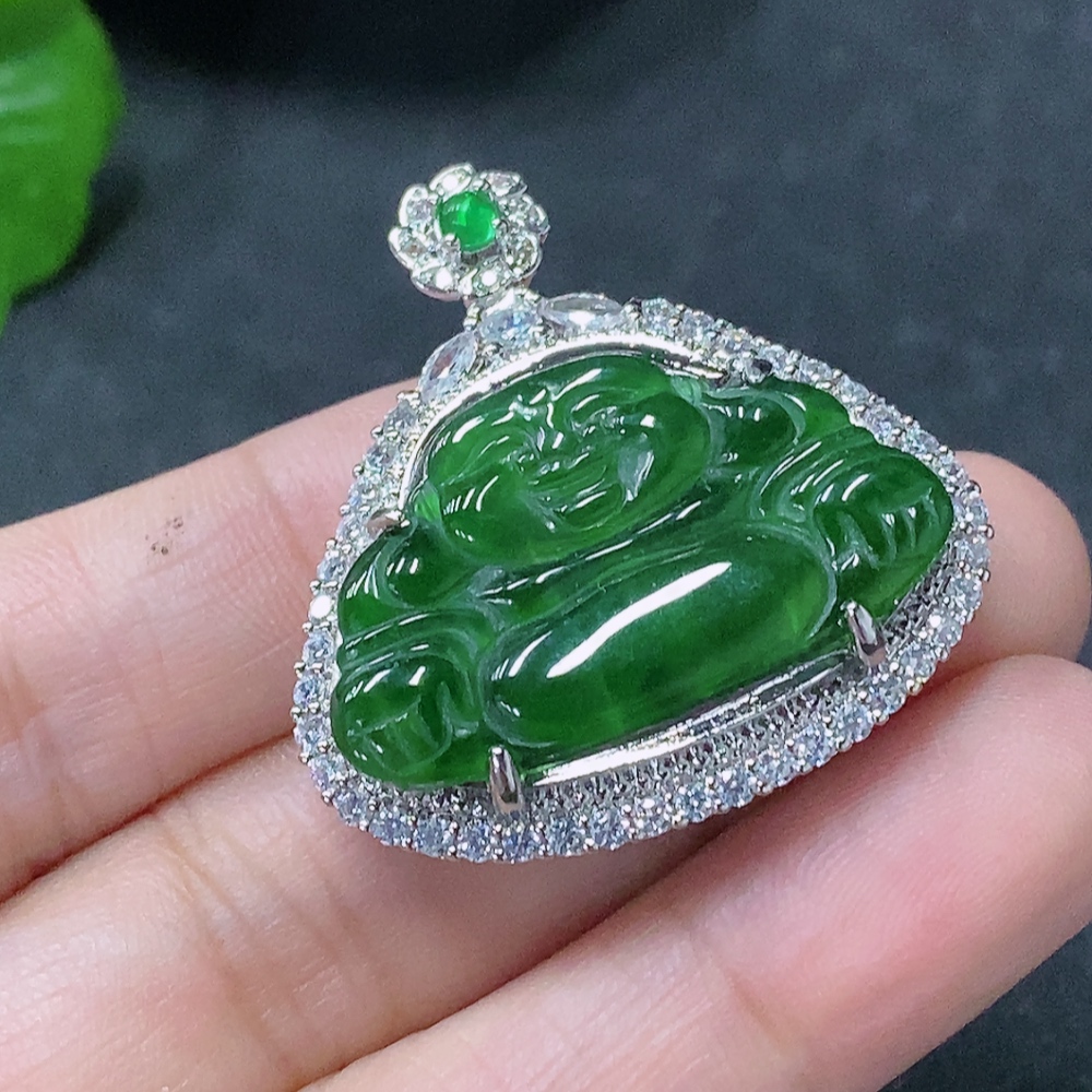 F33888039 Jadeite Inlaid Buddha Pendant, Non-Gold, Total Weight Approx. 7.34g, Beads Non-Grade A