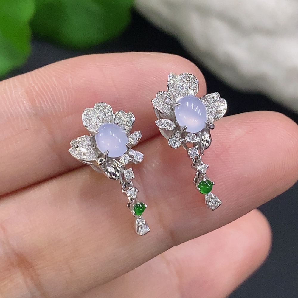 F30484017 Jadeite Cabochon Earrings 18K Gold Total Weight Approx. 2.5g (Diamond Accents)