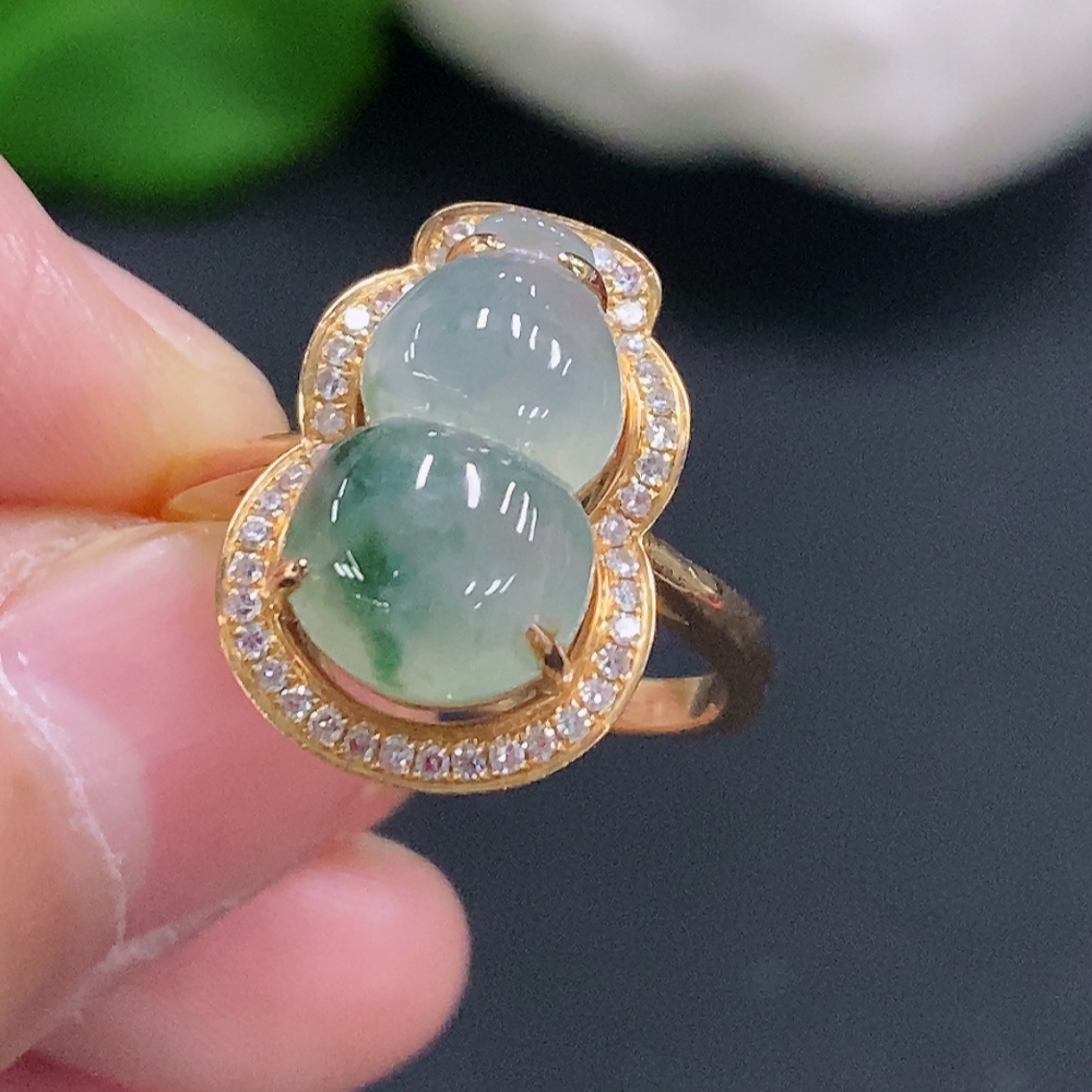 F33884107 Jadeite Gourd Inlaid Ring 18K Gold Size 14 Total Weight Approx 4.4g (With Diamond Accents)