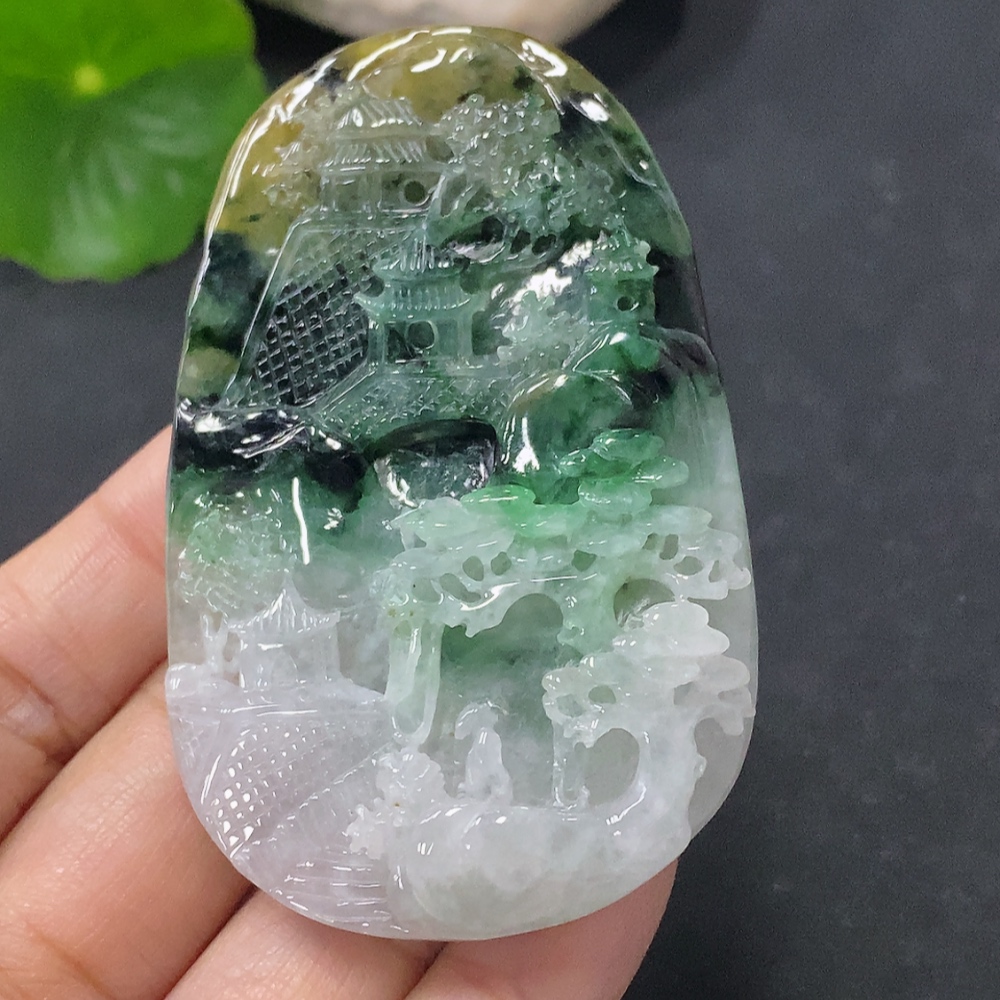 F35140161 Jadeite Pendant Landscape Plaque Total Weight Approx. 54.96g with Non-Grade A Beads