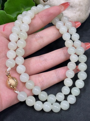 H34016810 Hetian Jade Bead Necklace, Approx. 8.1mm, Non-Gold Inlaid, Total Weight Approx. 52.9g