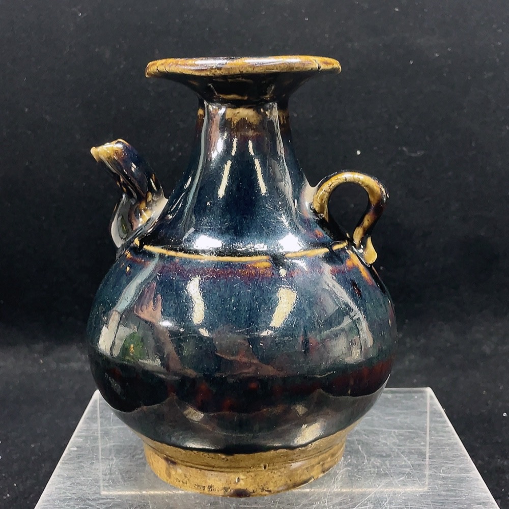 W33855132 Ceramic, intact, small kiln black-glazed handled pouring bottle, size as per actual item