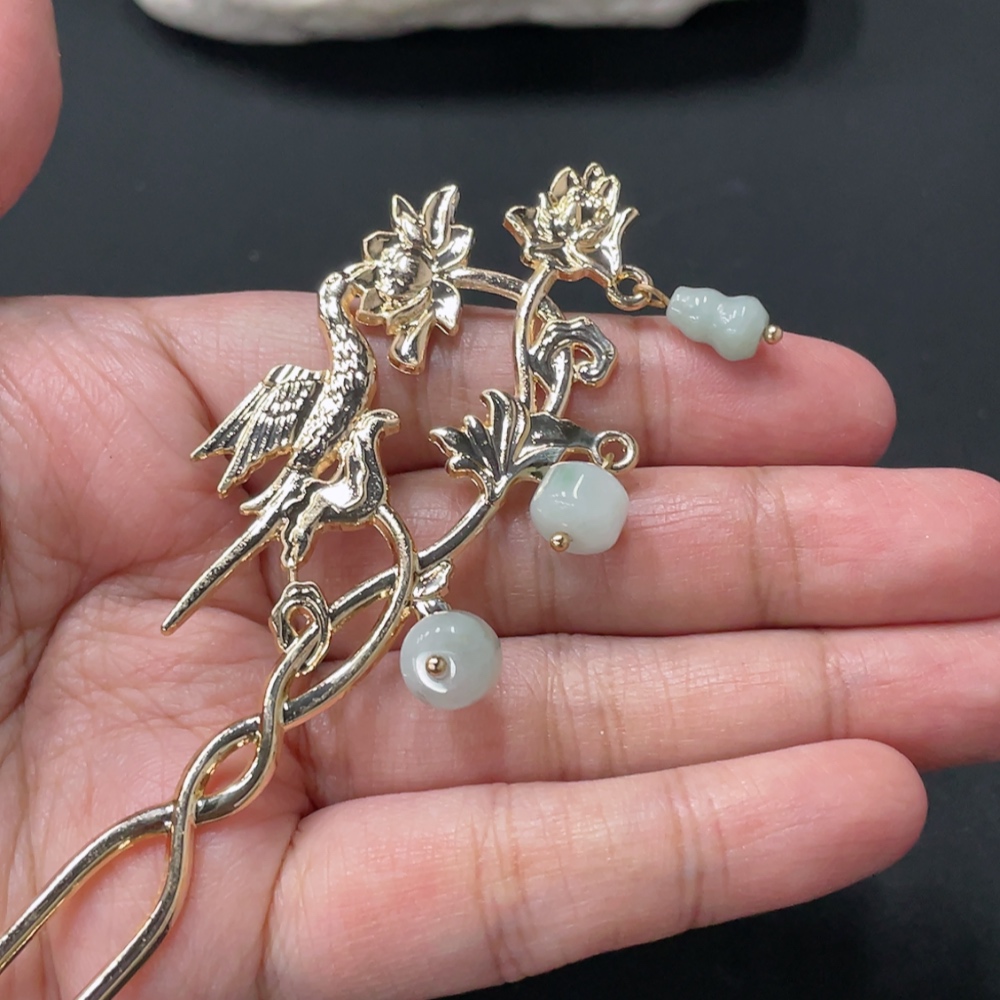 F34018237 Jadeite Inlaid Hairpin Non-Gold Inlaid Total Weight Approx. 14.48g