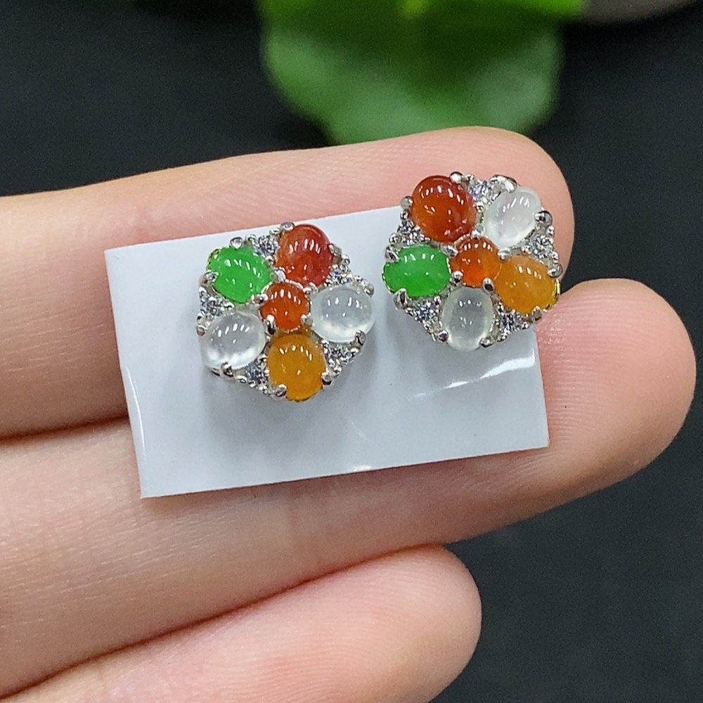 F33946427 Jadeite Cabochon Earrings Non-Gold Setting Total Weight Approx. 2.4g Yellow-Red Part Color Origin Undetermined