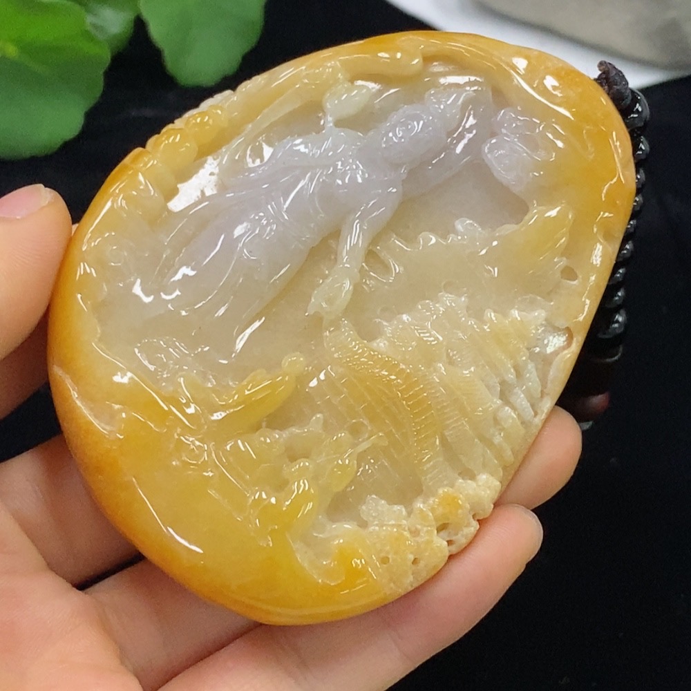 F34948768 Jadeite Landscape Pendant Total Weight Approximately 222.88g (Including Chain Weight) Yellow Part Color Origin Undetermined With Non-Type A Beads