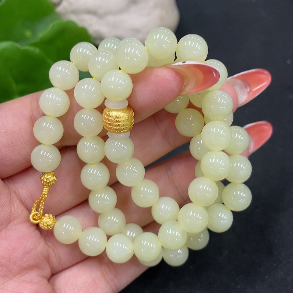 H34053448 Hetian Jade Bead Necklace, approx. 7.8mm, non-gold inlaid, total weight approx. 42.6g