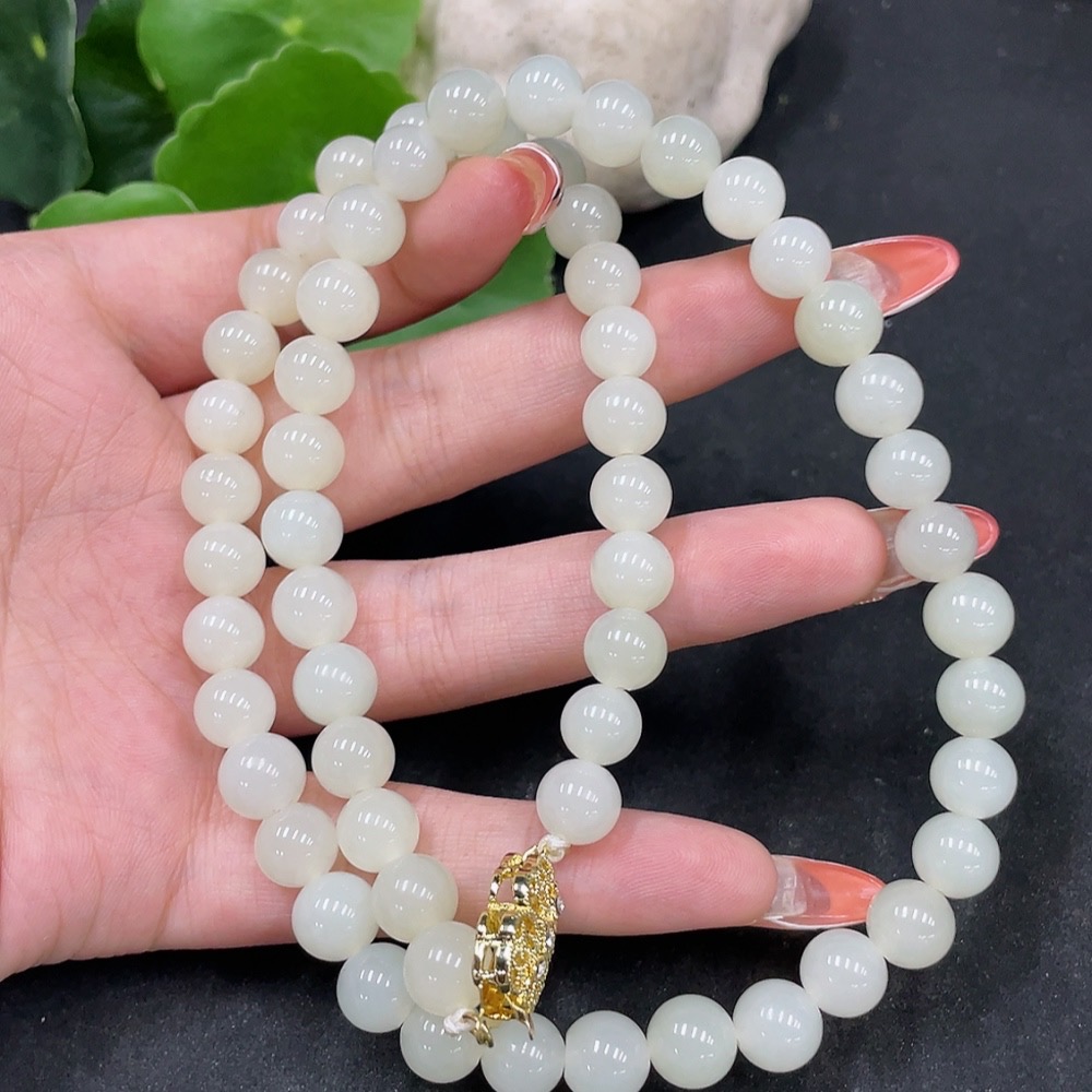 H35113567 Hetian Jade Bead Necklace Non-Gold Approximately 8.3mm Total Weight About 51.3g