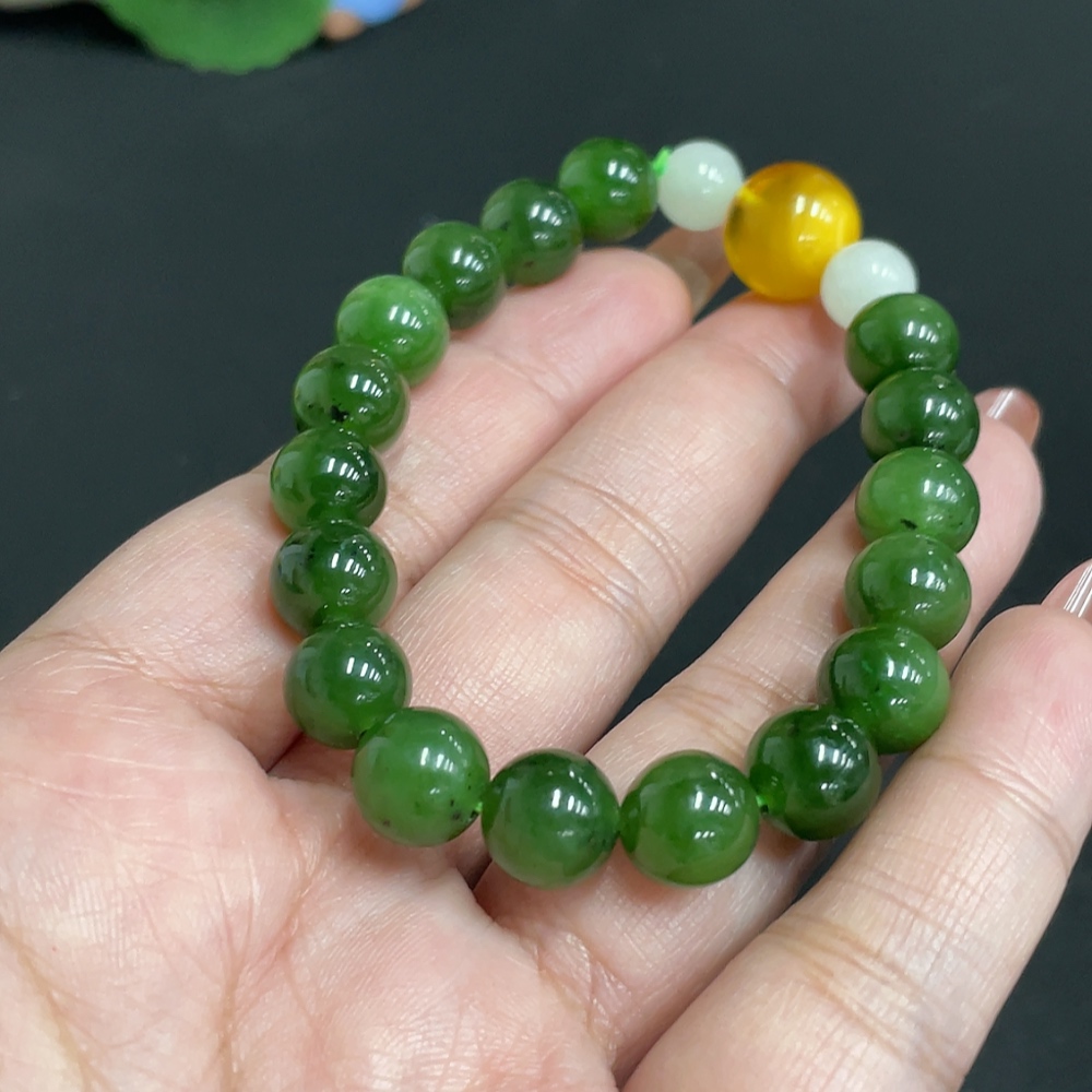 H35118682 Hetian Jade Jasper Bead Bracelet, approx. 9.2mm, total weight approx. 25.4g, containing other mineral components, paired with amber