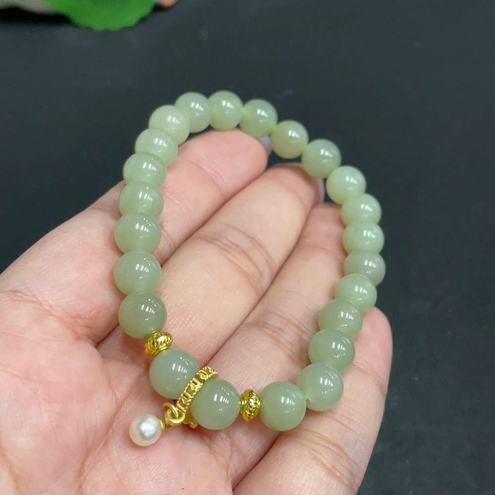 H32806136 Hetian Jade Bead Bracelet, Approx. 7.7 mm, Total Weight About 18.4g, Non-Gold