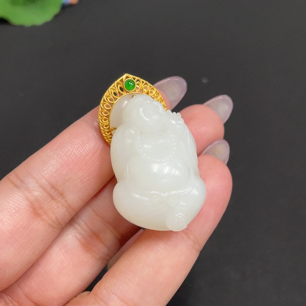 H33900891 Hetian Jade Inlaid Pendant - Buddha, Total Weight Approx. 19.5g, 18k, Beads Not Hetian Jade