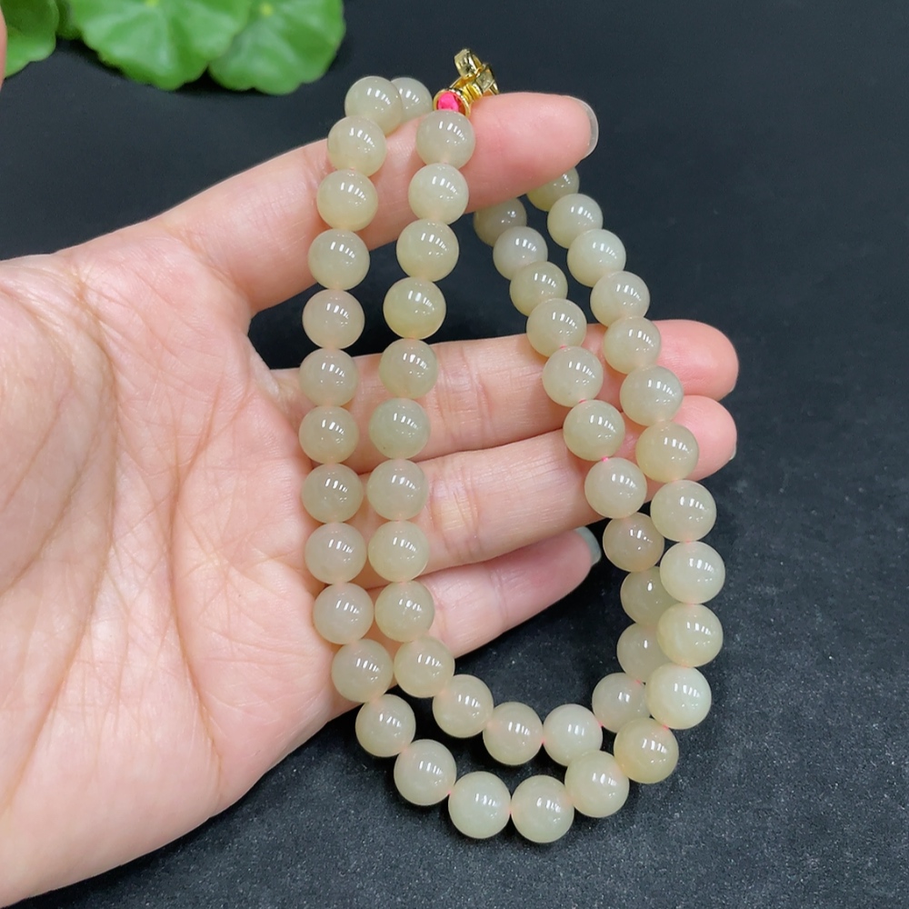 H34037001 Hetian Jade Bead Necklace Approx. 7.7mm Non-Gold-Inlaid Total Weight About 43.2g