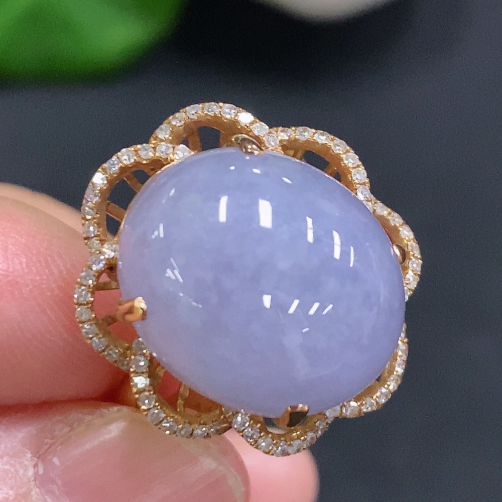 F34001323 Jadeite Cabochon Ring 18k Gold Total Weight Approx. 8.7g Size 17 with Diamond Accents