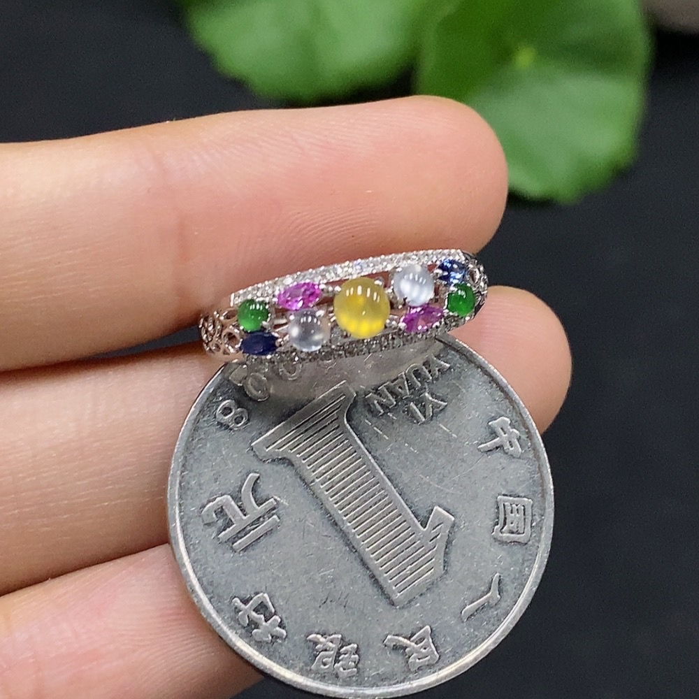 F30496836 Jadeite Cabochon Inlaid Ring 18K Gold Size 14 Total Weight Approx.1.6g Color Origin Undetermined Non-Type A Bead With Diamond Accents