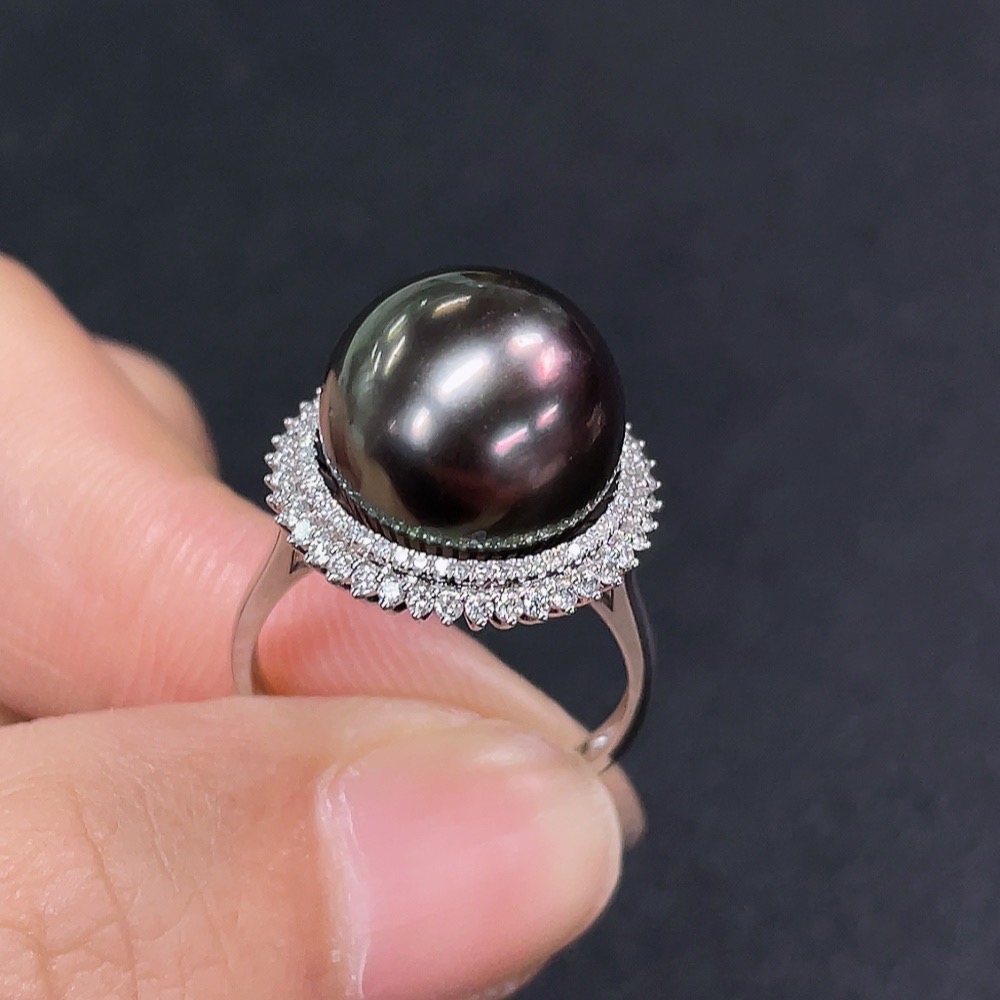C33892171 18K Saltwater Pearl Ring with Diamond Accents, Total Weight Approx. 5.36g, Size 13, Stone Measures About 12.1mm