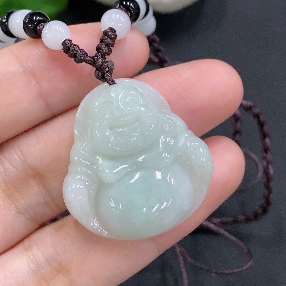 F34000401 Jadeite Buddha Pendant Total Weight Approx. 11.49g (Including Rope Weight) with Non-Grade A Beads