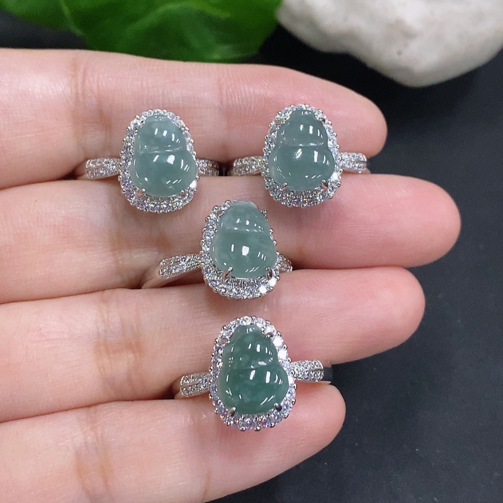 F34001403 Jadeite Gourd Inlaid Ring Sell as a Lot Size Adjustable Non-Gold Inlaid