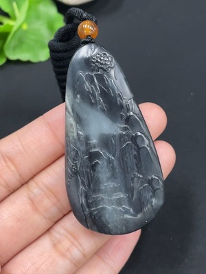 H28268983 Hetian Jade Pendant - Landscape Plaque, Total Weight (including rope): 33.4g