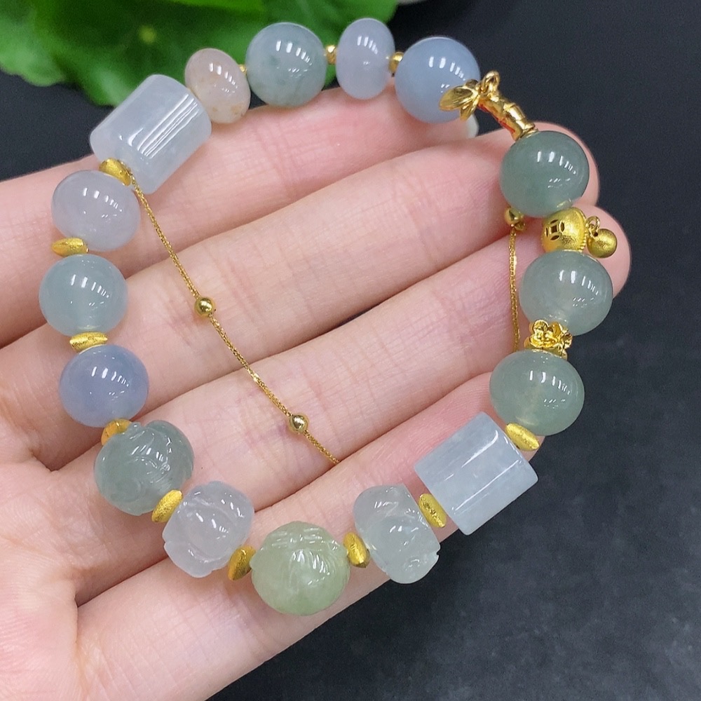 F33941168 Jadeite Bracelet Suspected Red Marked as Gold-Plated, Chain Unmarked Surface Gold Content 75%, Other Unmarked Surfaces Gold Content 63%, Total Weight Approx. 25.7g, Size 9.9mm