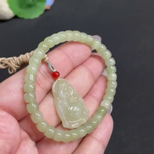 H34971924 Hetian Jade Pendant, Buddha Bead Bracelet Approx. 5.8mm, Total Weight (Including String) Approx. 17.2g
