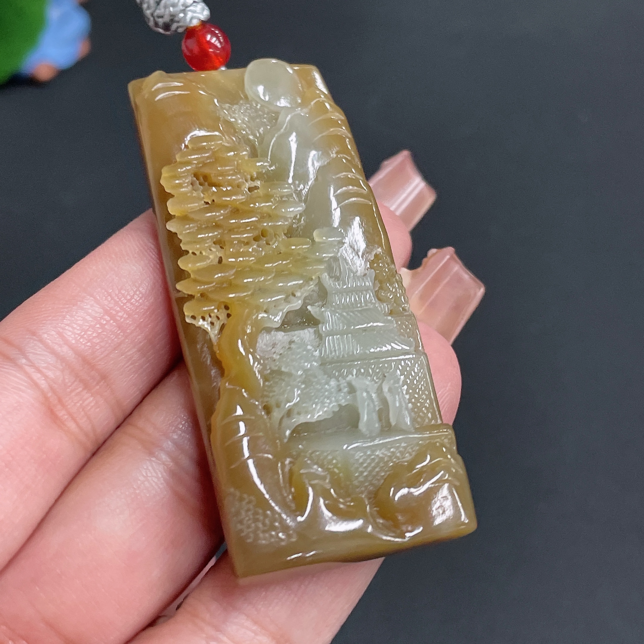 H22442127 Hetian Jade Pendant Landscape Plaque with Cord Total Weight 35.61g