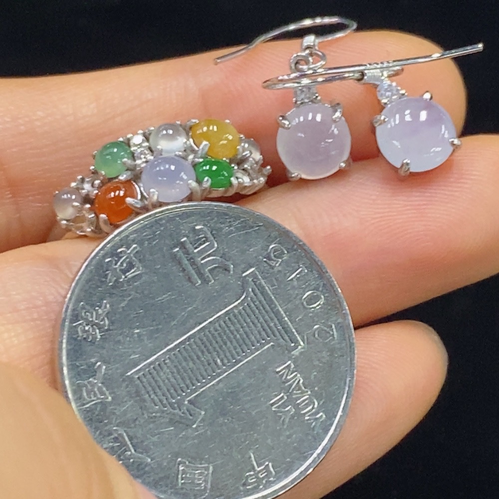 F34044525 Jadeite Inlaid Ring/Earrings Non-Gold Adjustable Red/Yellow Part Color Origin Undetermined