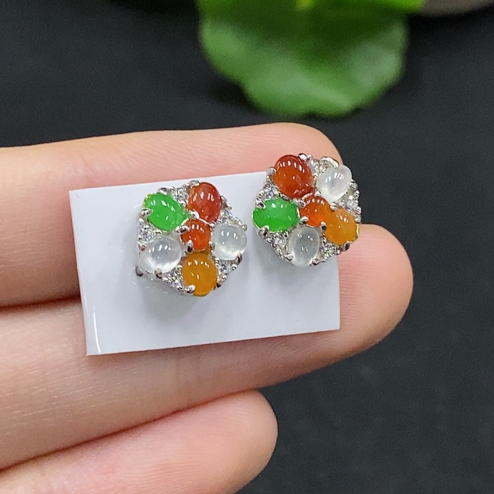 F33946427 Jadeite Cabochon Earrings Non-Gold Setting Total Weight Approx. 2.4g Yellow-Red Part Color Origin Undetermined
