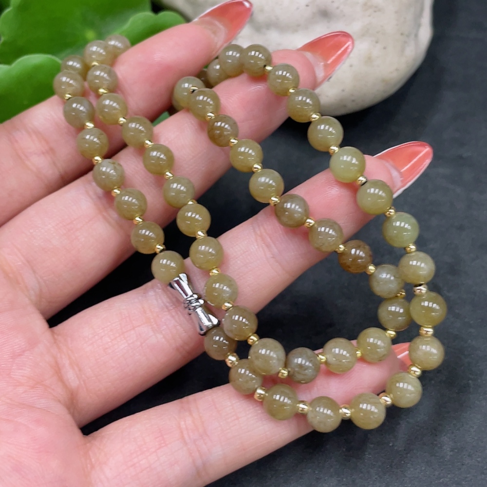 H34016824 Hetian Jade Bead Necklace, Approx. 6mm, Non-Gold, Total Weight Approx. 21.4g