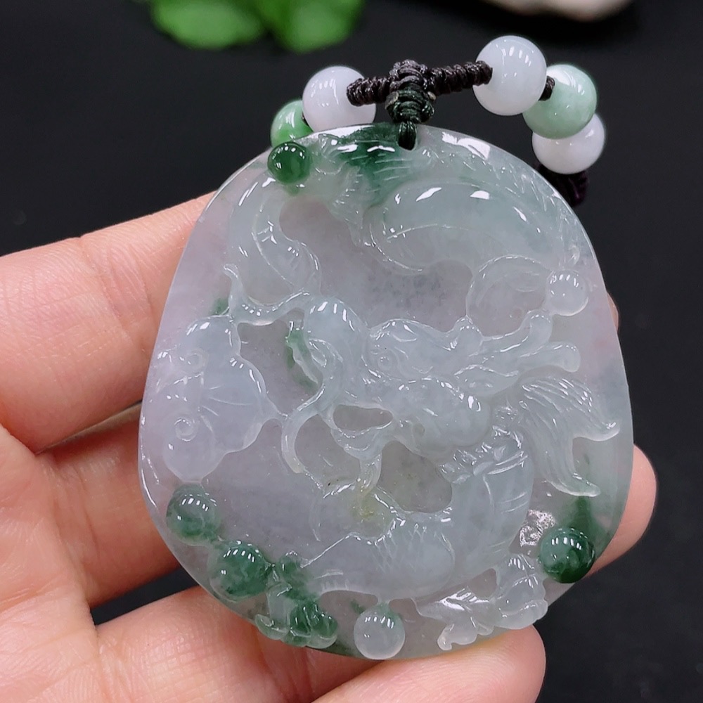 F25900418 Jadeite Dragon Pendant Total Weight Approx. 38.72g with Non-Grade A Beads
