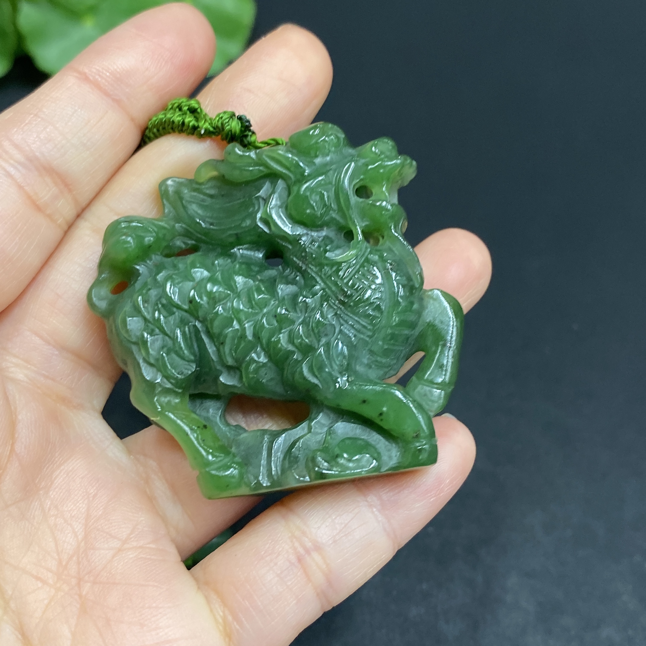 H32704470 Hetian Jade Pendant, Kylin, Total Weight (including chain): 75.9g