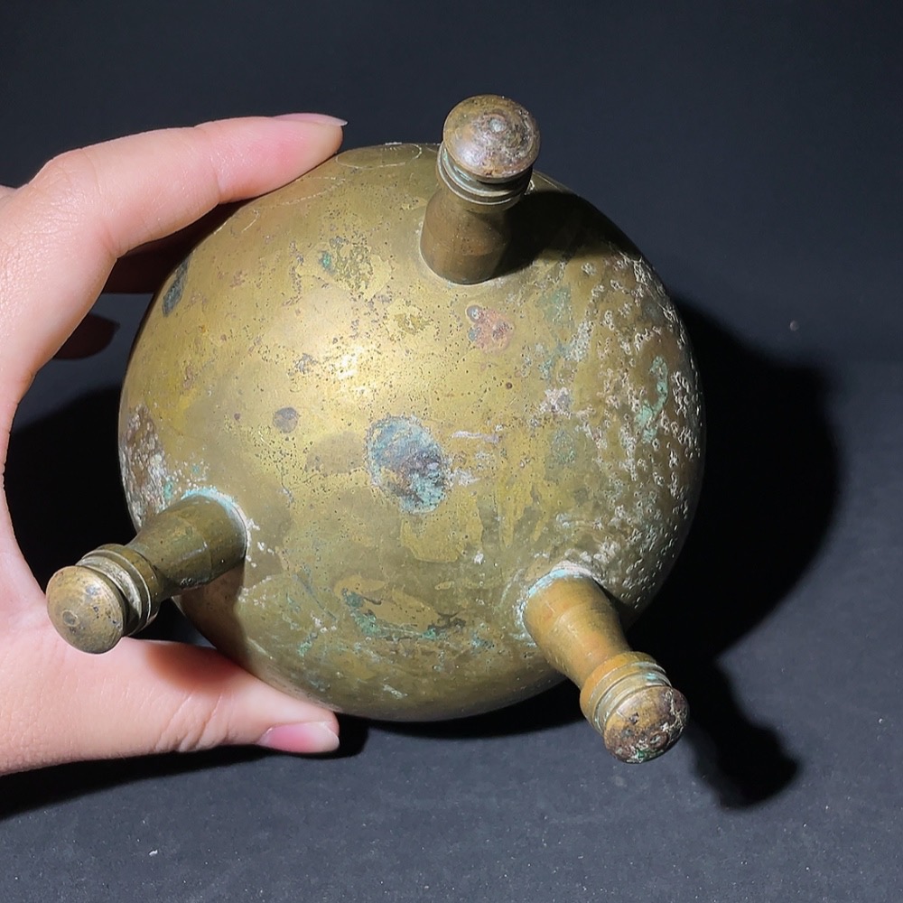 W28238912 Miscellaneous Late Qing and Republic Period Three-legged Double-handled Copper Incense Burner with Floral Engravings