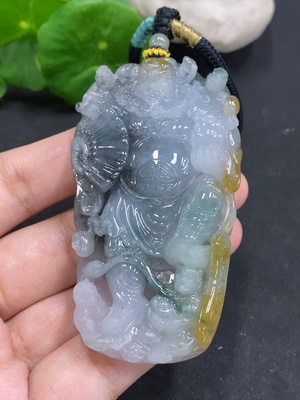 F34000183 Jadeite Pendant God of Wealth with Other Mineral Components Including Rope Total Weight Approx. 74.6g
